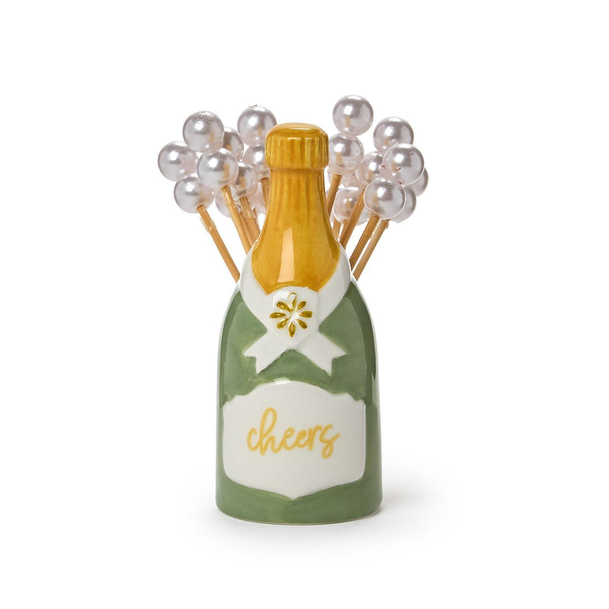 Champagne Bottle Pick Holder w/ 20 Pearl Cocktail Picks